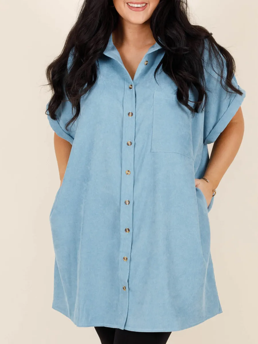 Blue patch pocket button loose fitting shirt