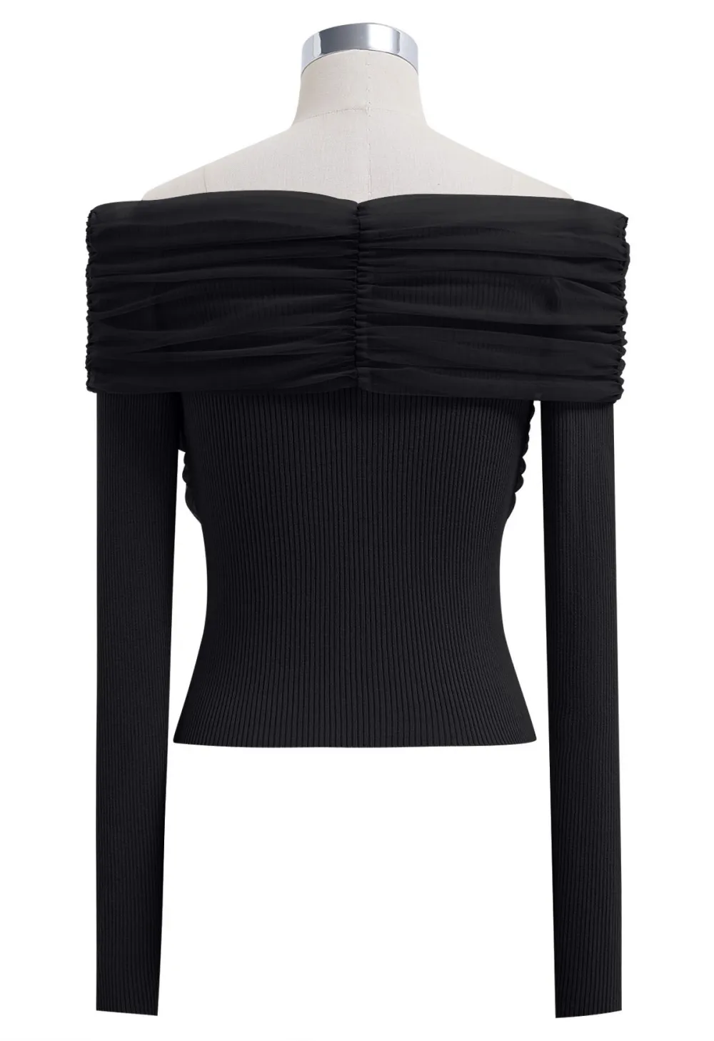 OFF-SHOULDER MESH SPLICED KNIT TOP IN BLACK