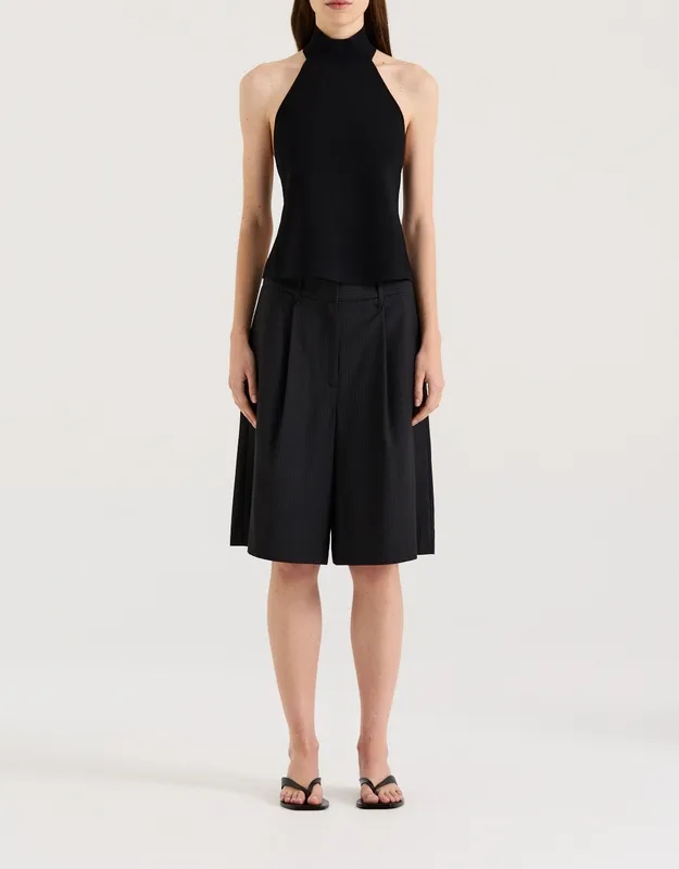 Black with Blue Pinstripe Pleated Bermuda Shorts