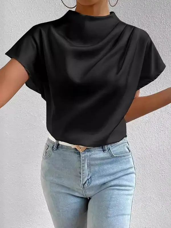 Relaxed Short Sleeve Pleat Detail Mock Neck T-Shirt