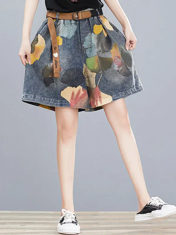 Originele Denim Shorts Met Wijde Pijpen En Bloemen