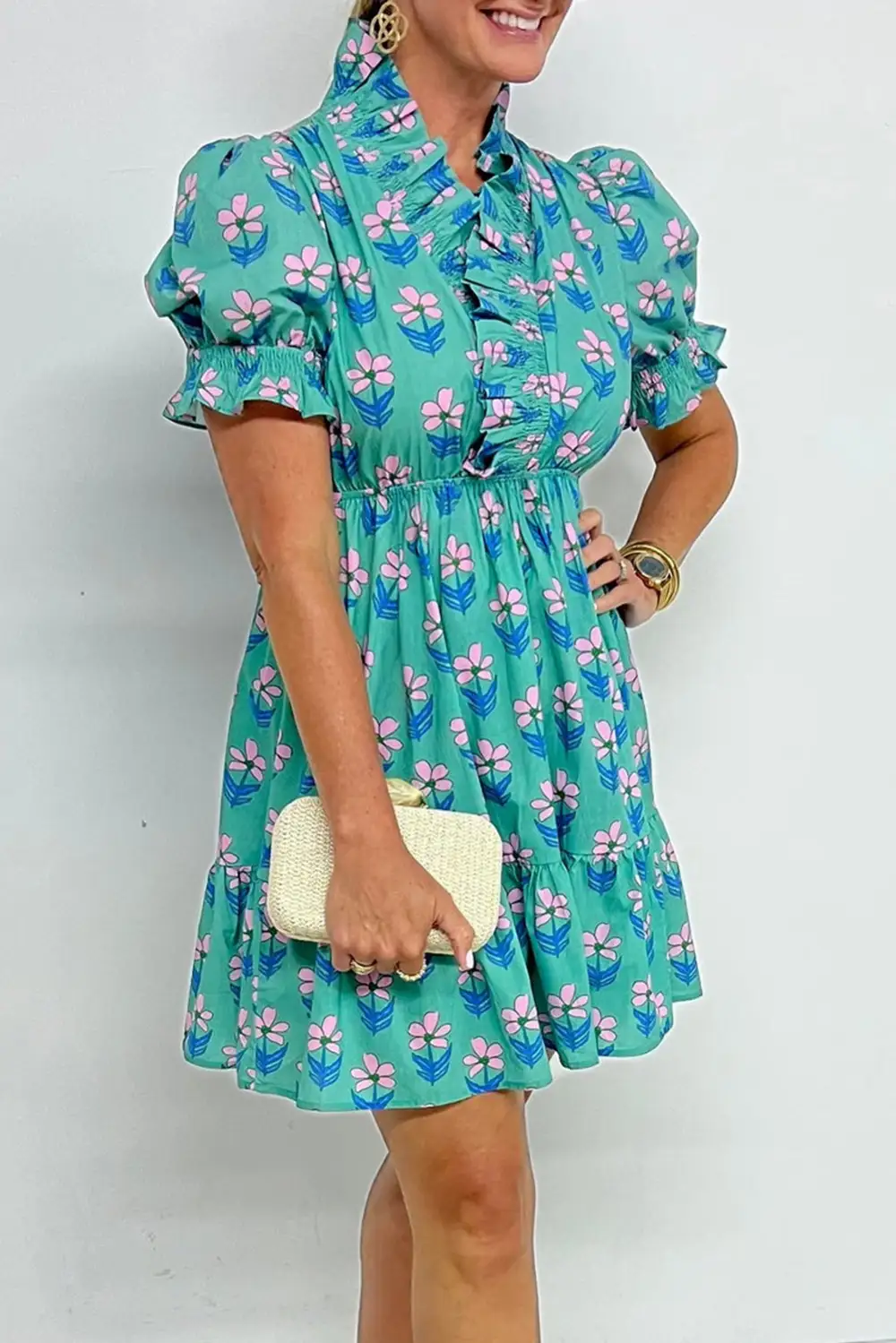 Frilly Smocked Detail High Waist Mini Dress