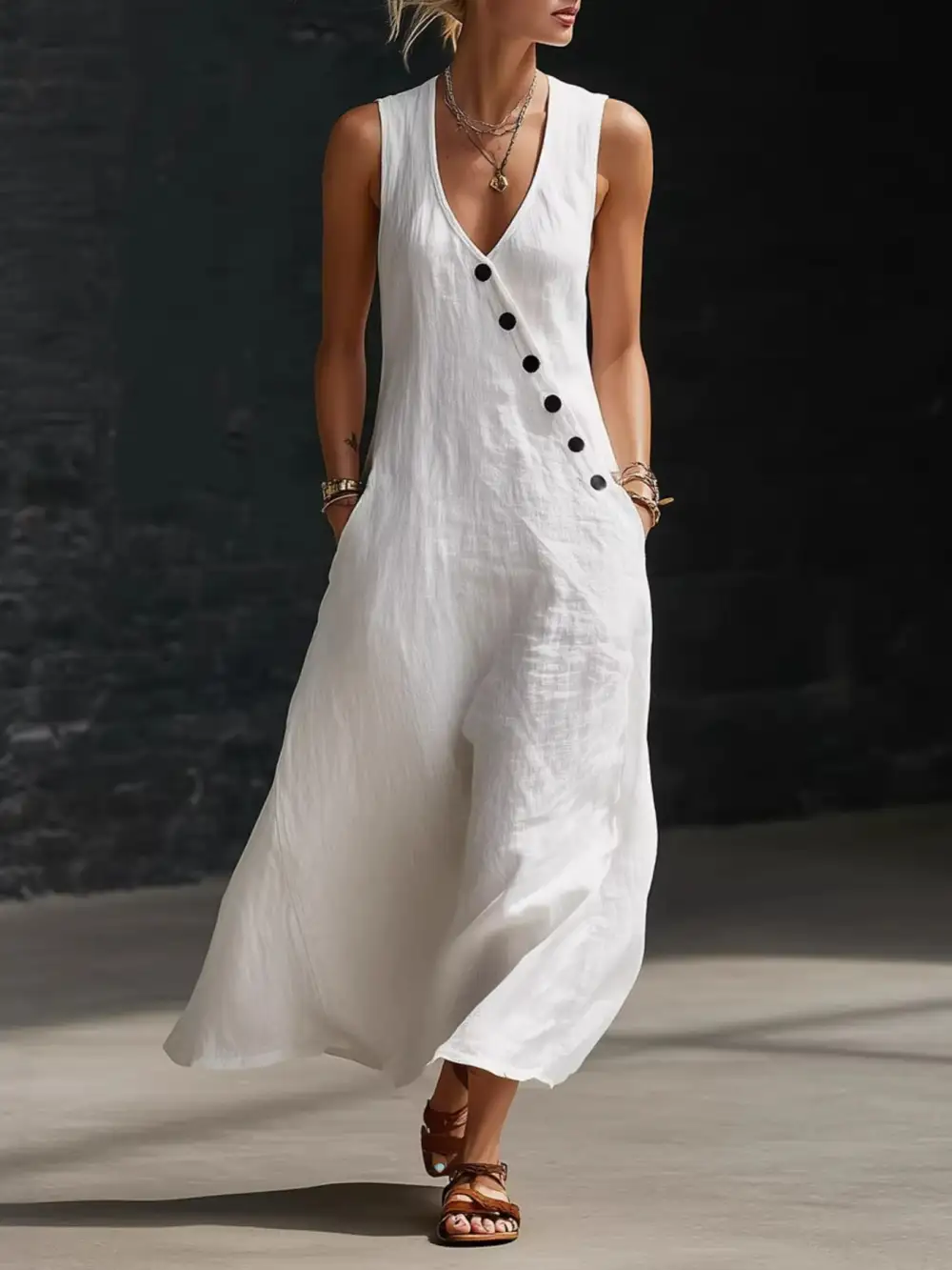 Drape Button Front Sleeveless Midi Dress