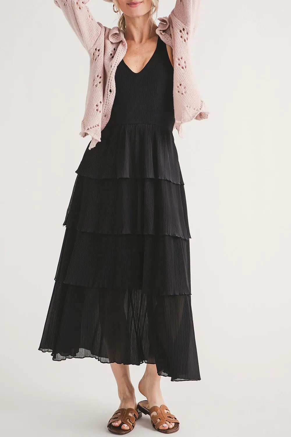 Merci Pleated Tiered Midi Dress - redorange