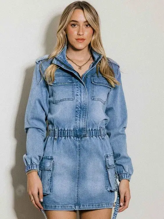 Denim is My Love Language Long Sleeve Denim Romper Skirt