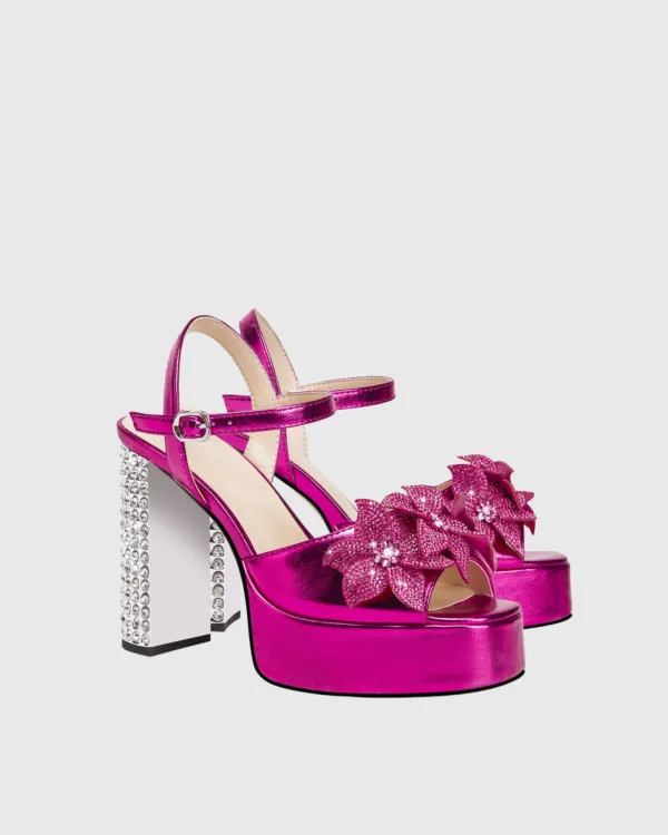 Rhinestone Flower Strap Platform Sandals in Hot Pink