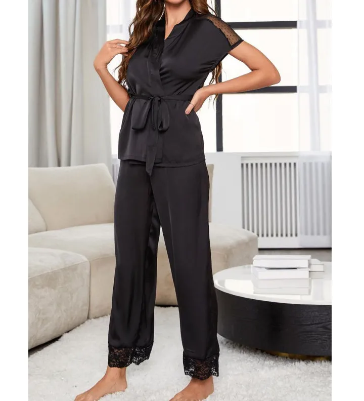 Surplice Neck Tie Waist Top and Pants Pajama Set