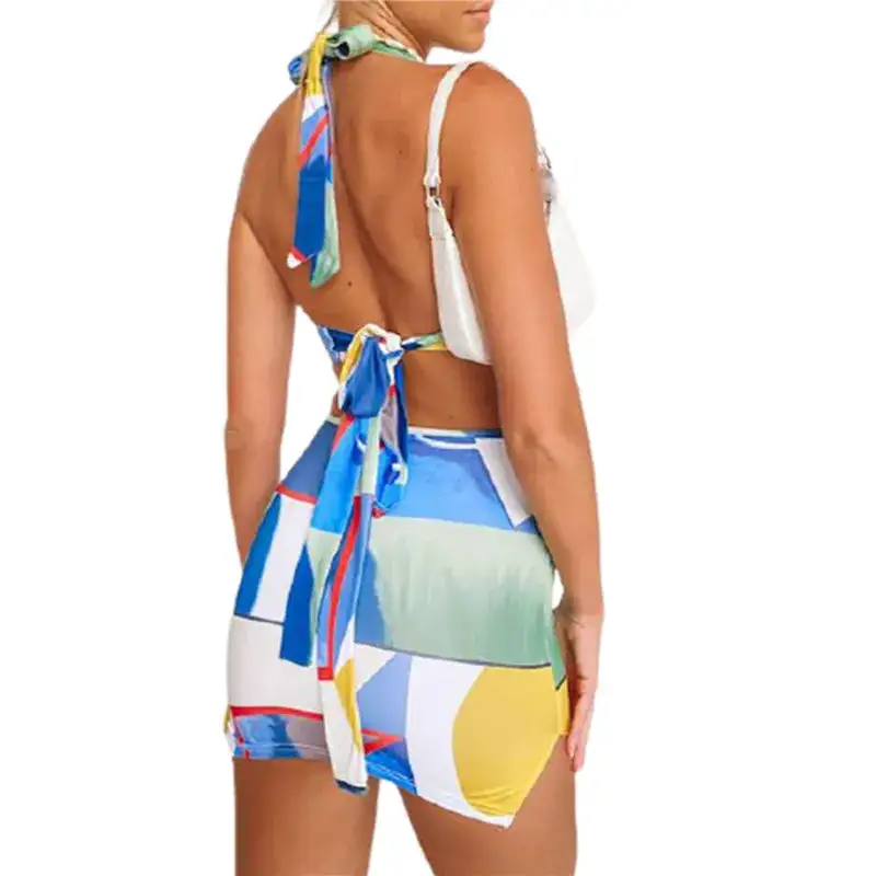 Colorful Geomatic Print Sexy Deep V neck Halter Mini Dress