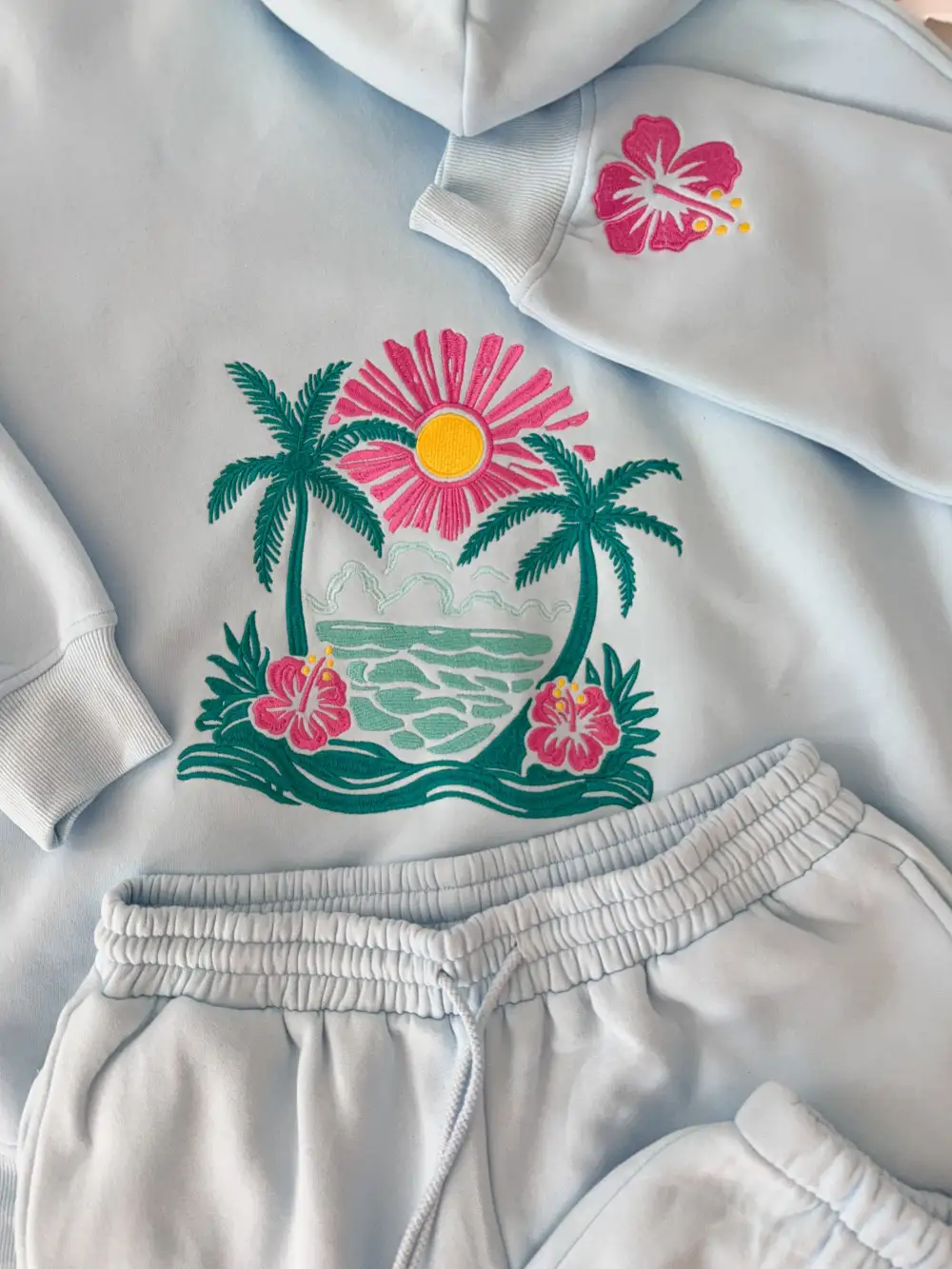 Icy Hibiscus Flower Beach Babe Embroider Hoodie