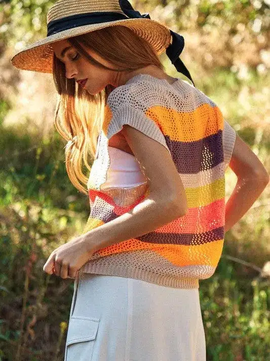 In a World Full of Color Crochet Multi Striped Sleeveless Knit Sweater