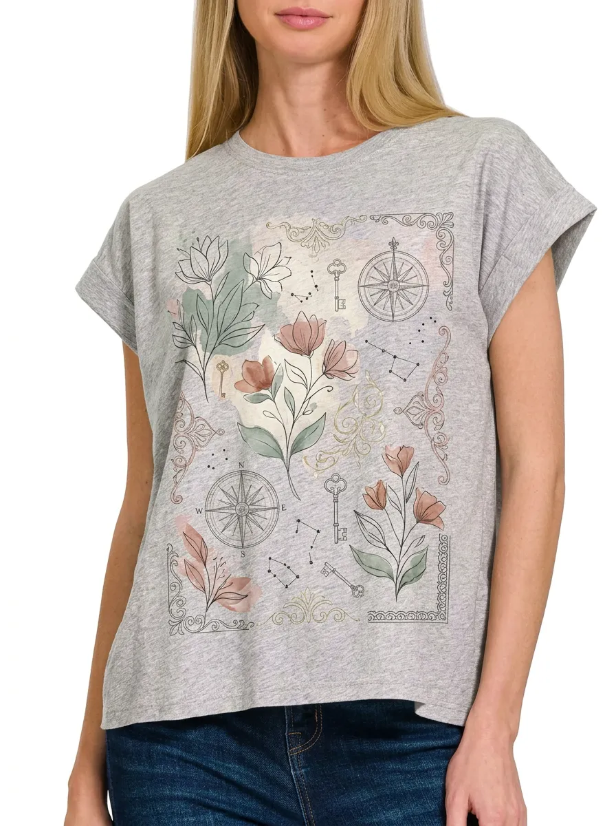 Women's Vintage Botanical Compass Key Constellation Printed T-shirt