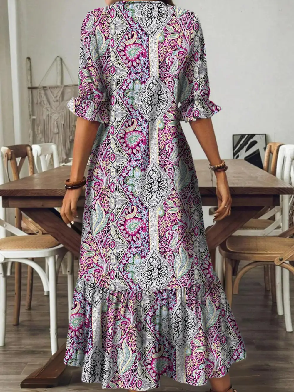 Wearable Cut Paisley Print V Neck Midi Dress