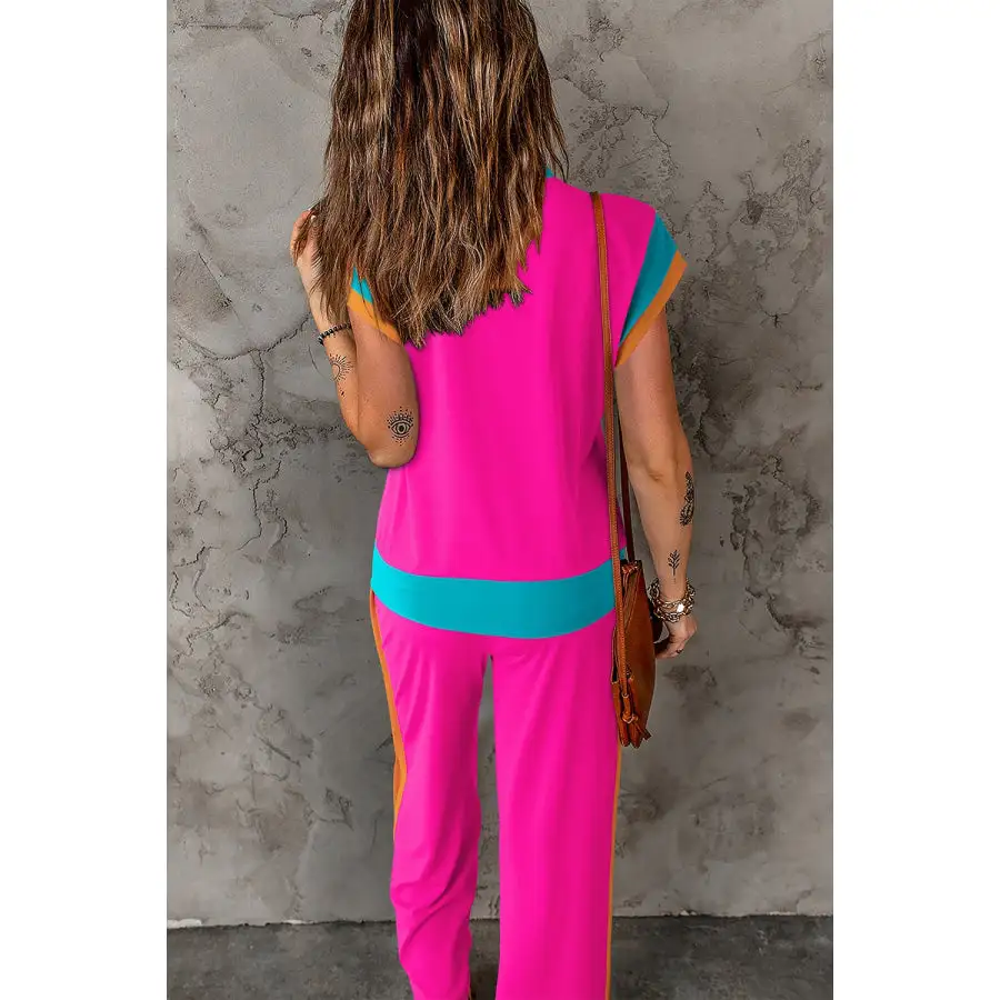 Contrast Round Neck Top and Pants Set