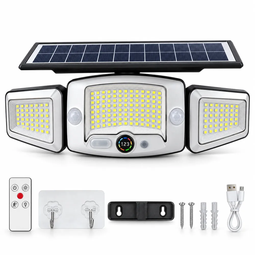 Zonne-energie lamp met 3 lampkoppen en bewegingssenso