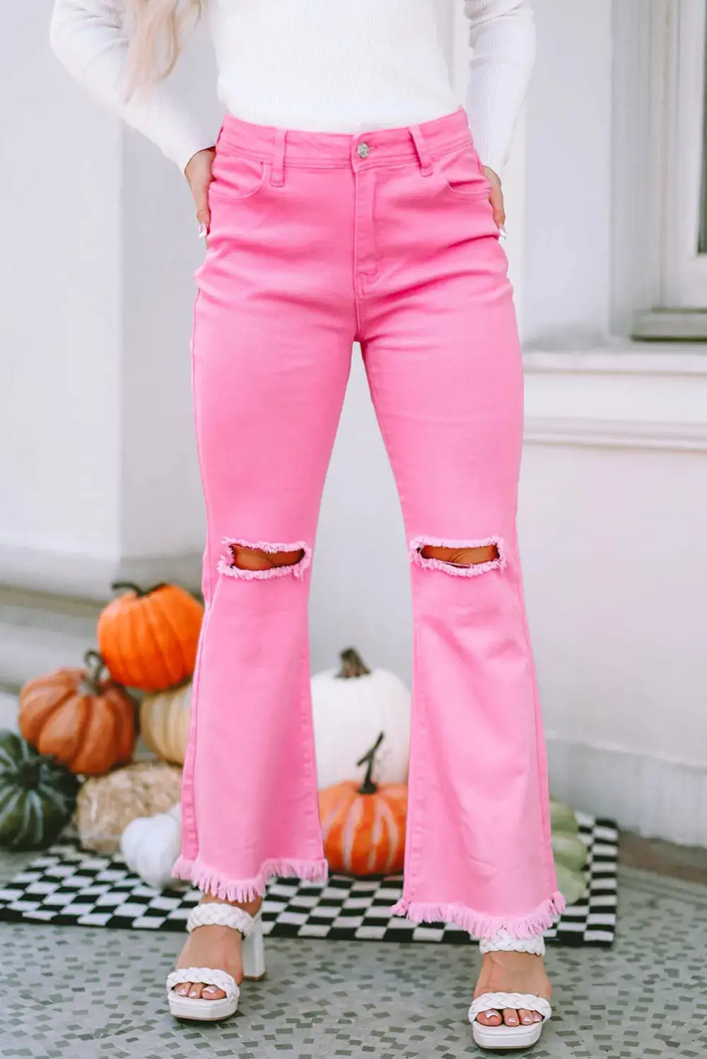 Flare High Waist Raw Hem Ripped Jeans