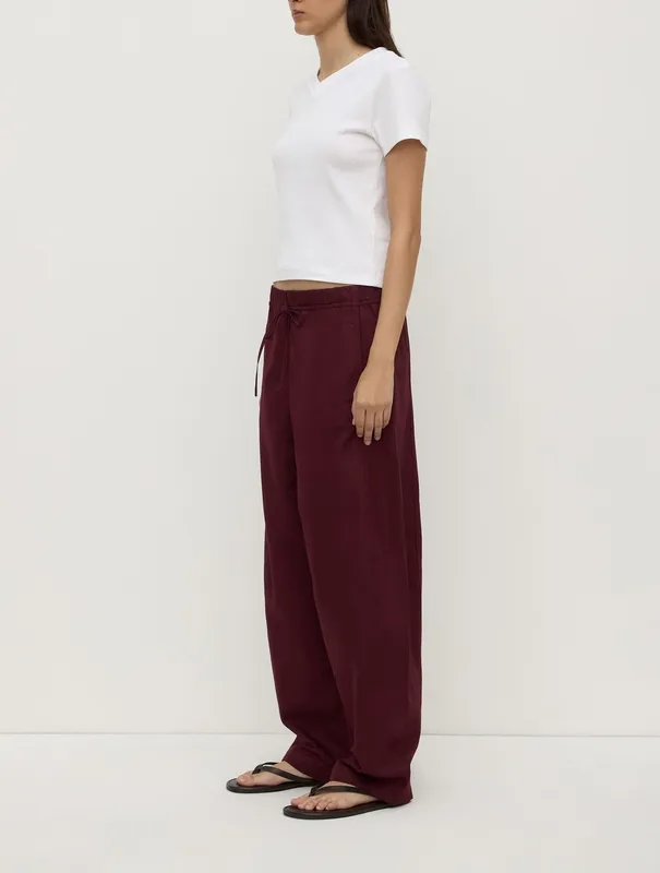 Merlot Cotton Linen Barrel-Leg Pant