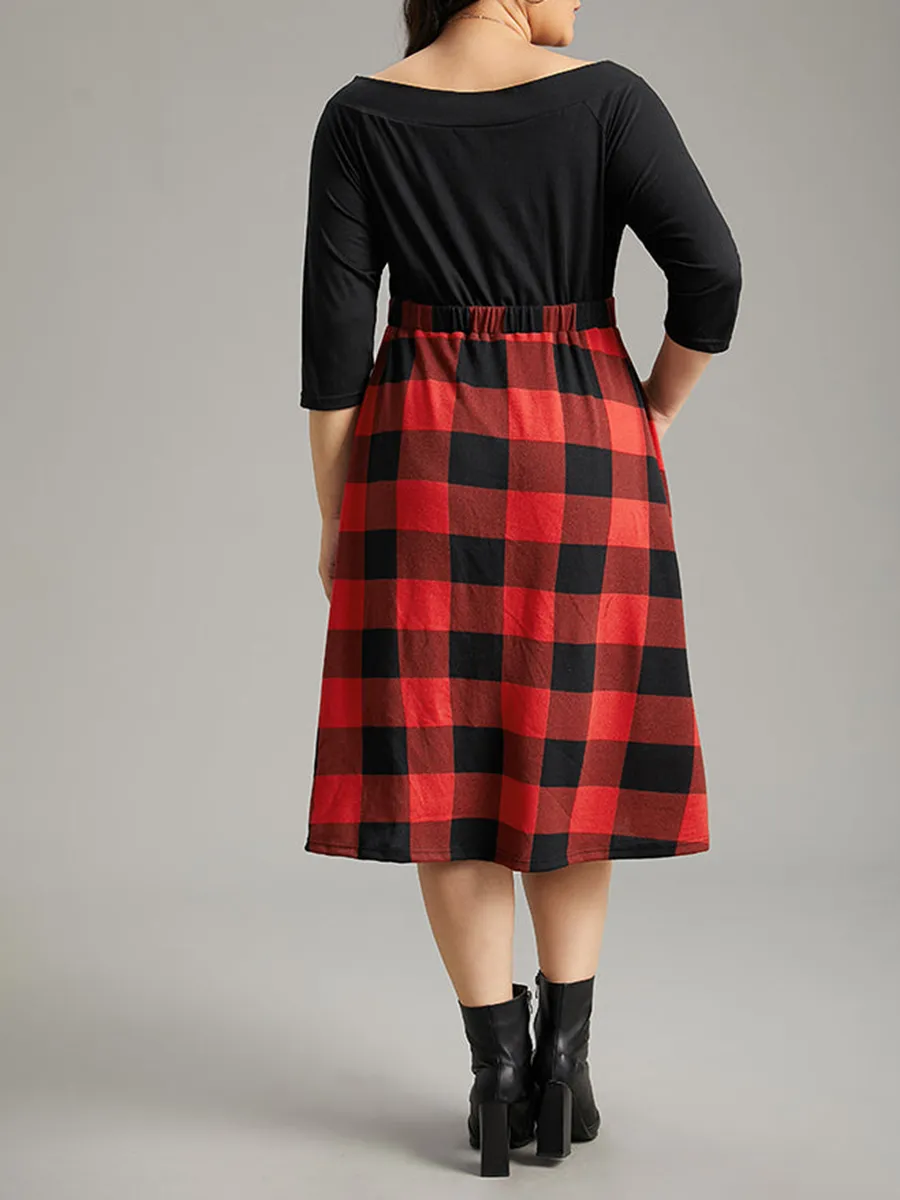 Elegant premium waist slimming plaid dress with pockets