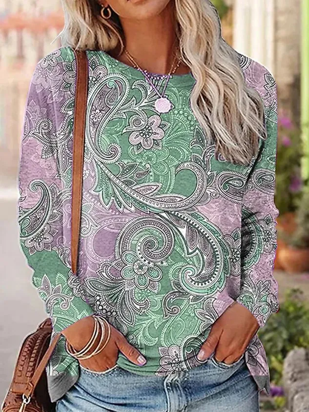 Casual Paisley Crew Neck Long Sleeve T-shirt