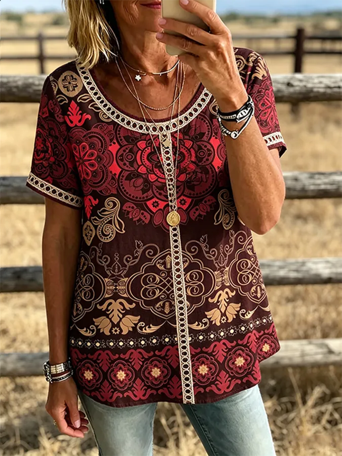 Mandala Print Trim Short Sleeve Western Casual Blouse