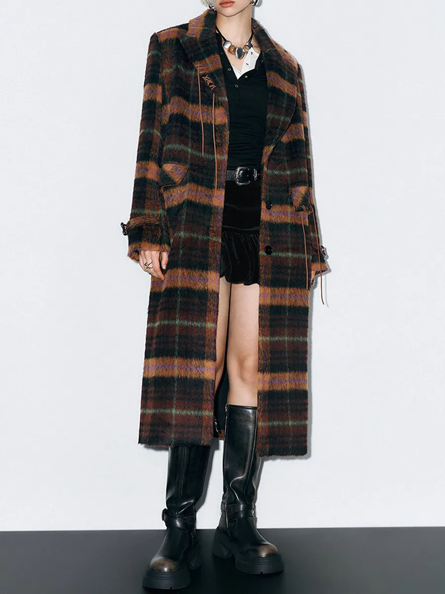 A Long Casual Brown Checkered Coat For Women