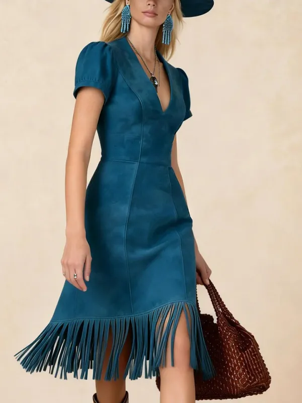 Blue Suede Puff Sleeve V-Neck Tassel Midi Dress