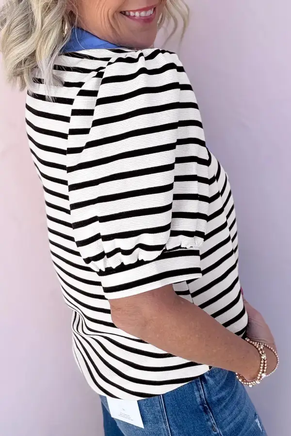 Black Stripe Short Puff Sleeve Color Block Polo Collar Blouse