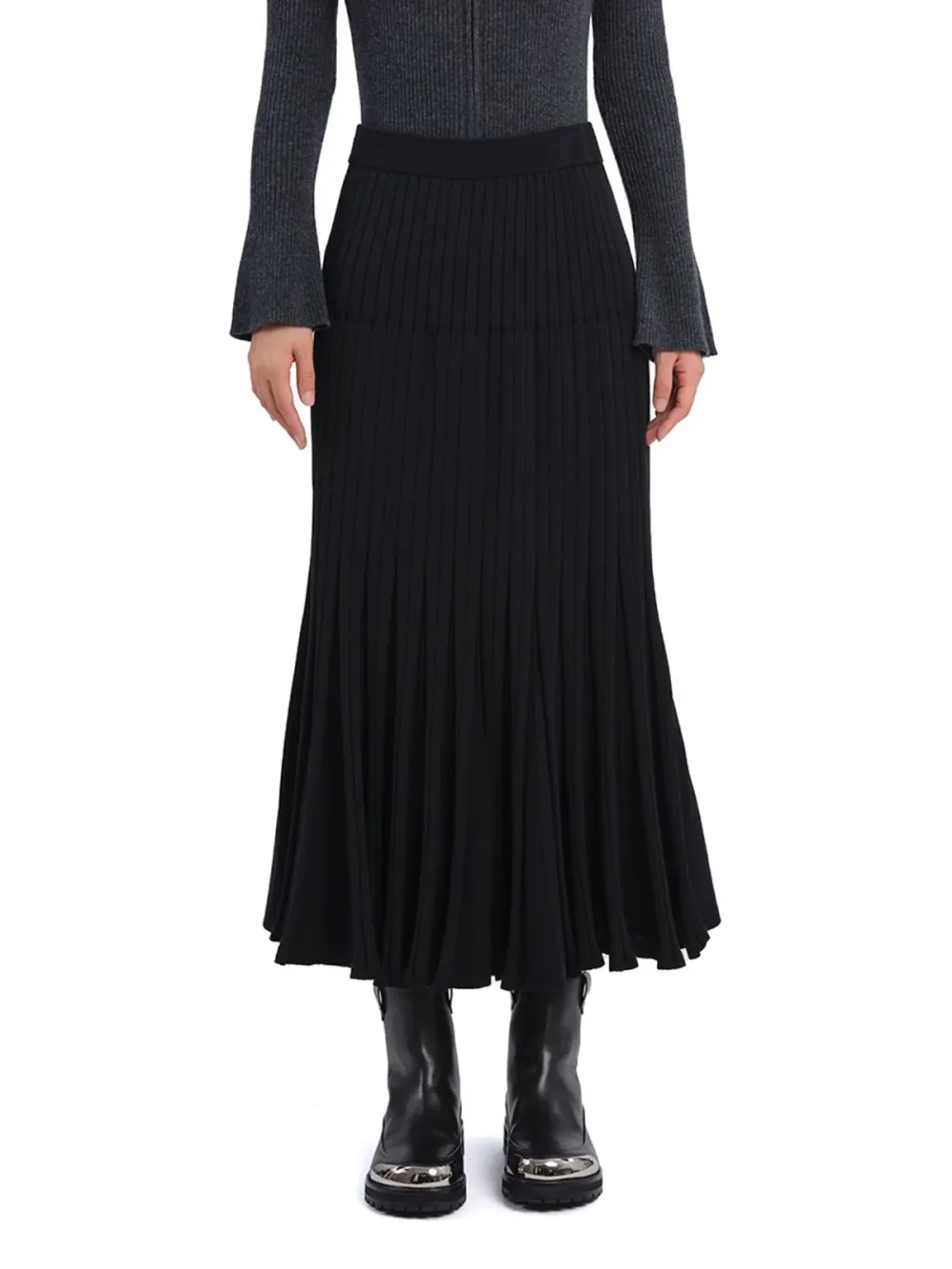 Pleated Ruffle Hem Long Midi Skirt