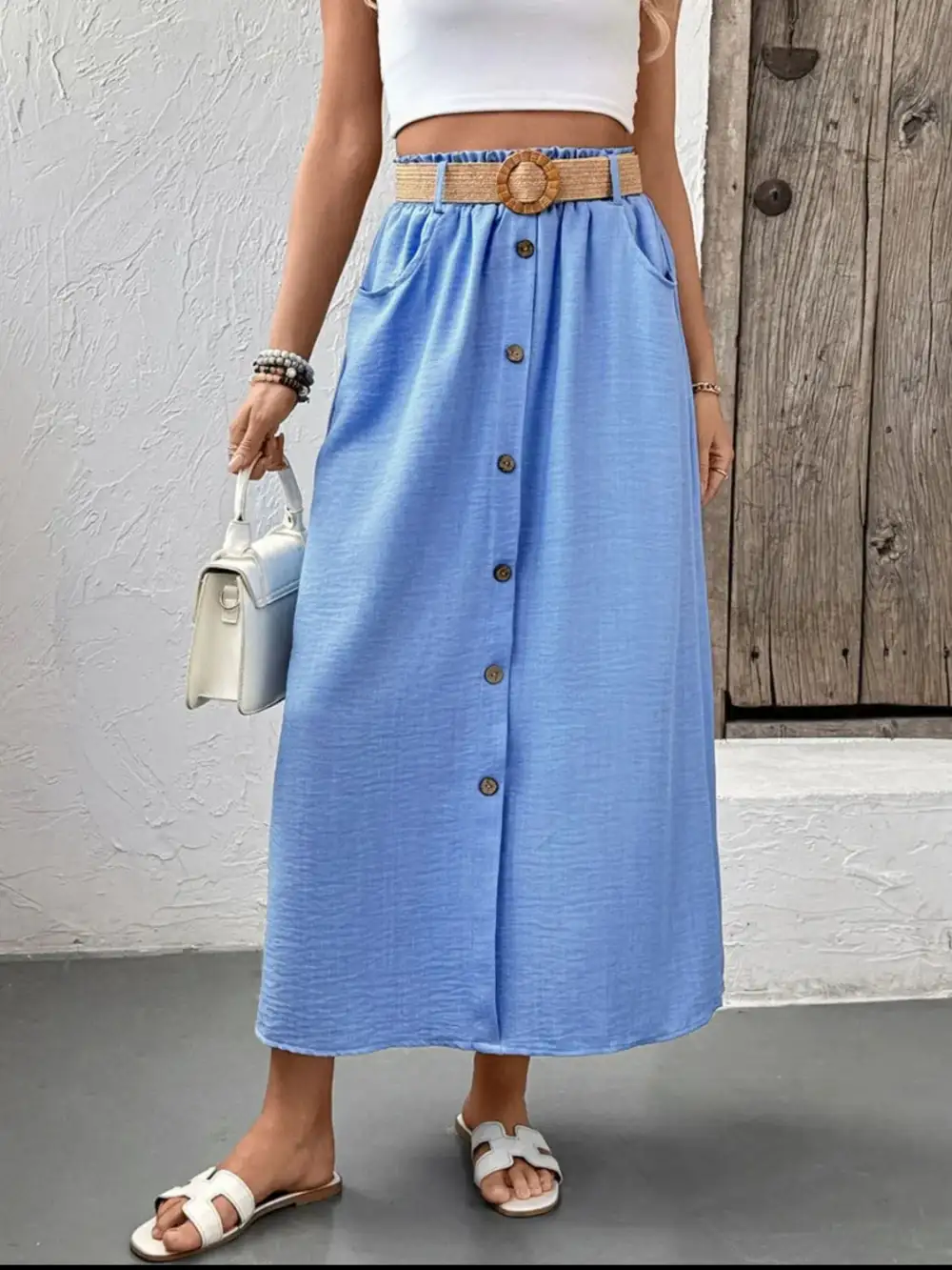 Button Front Decor Midi Skirt