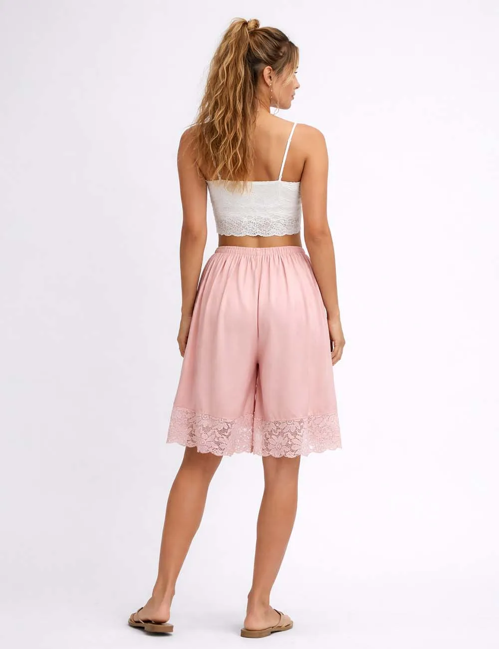 Boho Lace Hem Drawstring Waist Wide Leg Shorts