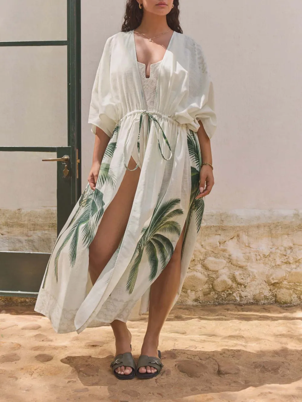Beige Long-Sleeved Tie Waist Kimono Cardigan