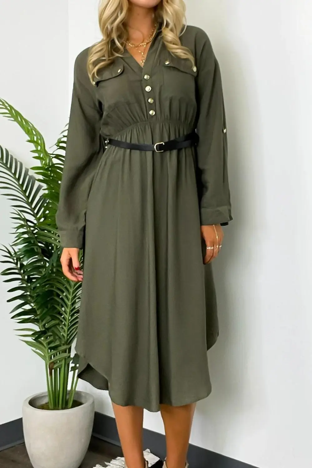 Button Down Belted Midi Dress
