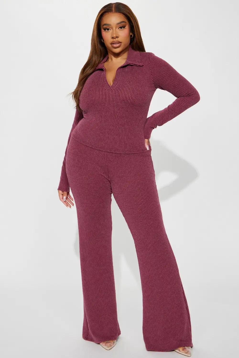 Josie Ribbed Long Sleeve Set - Burgundy