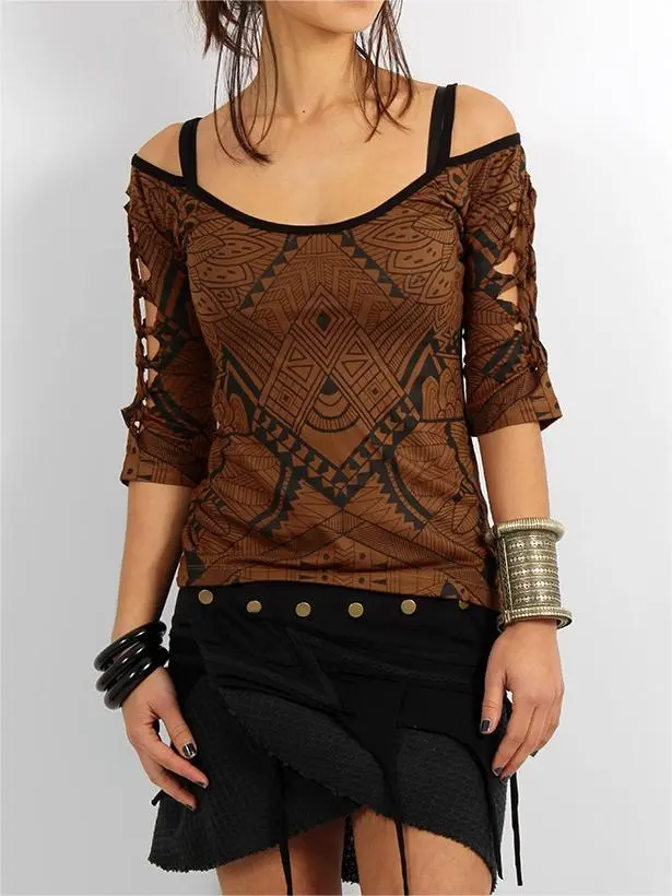 Cut Out Braided Back And 3/4 Sleeve Printed Top