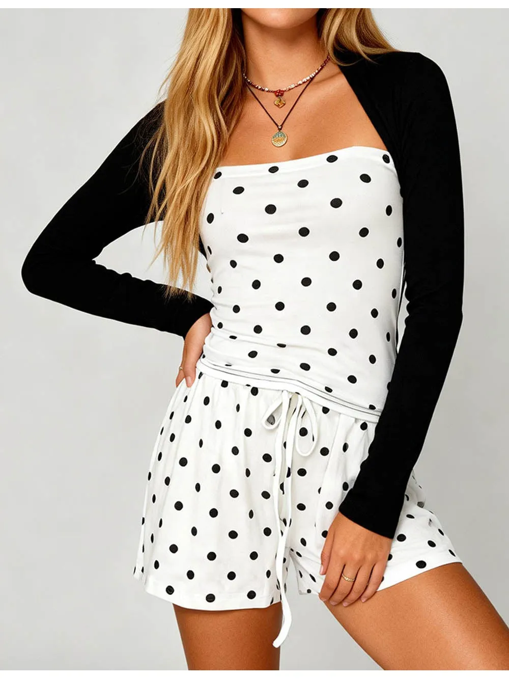 Polka Dot Elastic Waist Drawstring Wide Leg Shorts