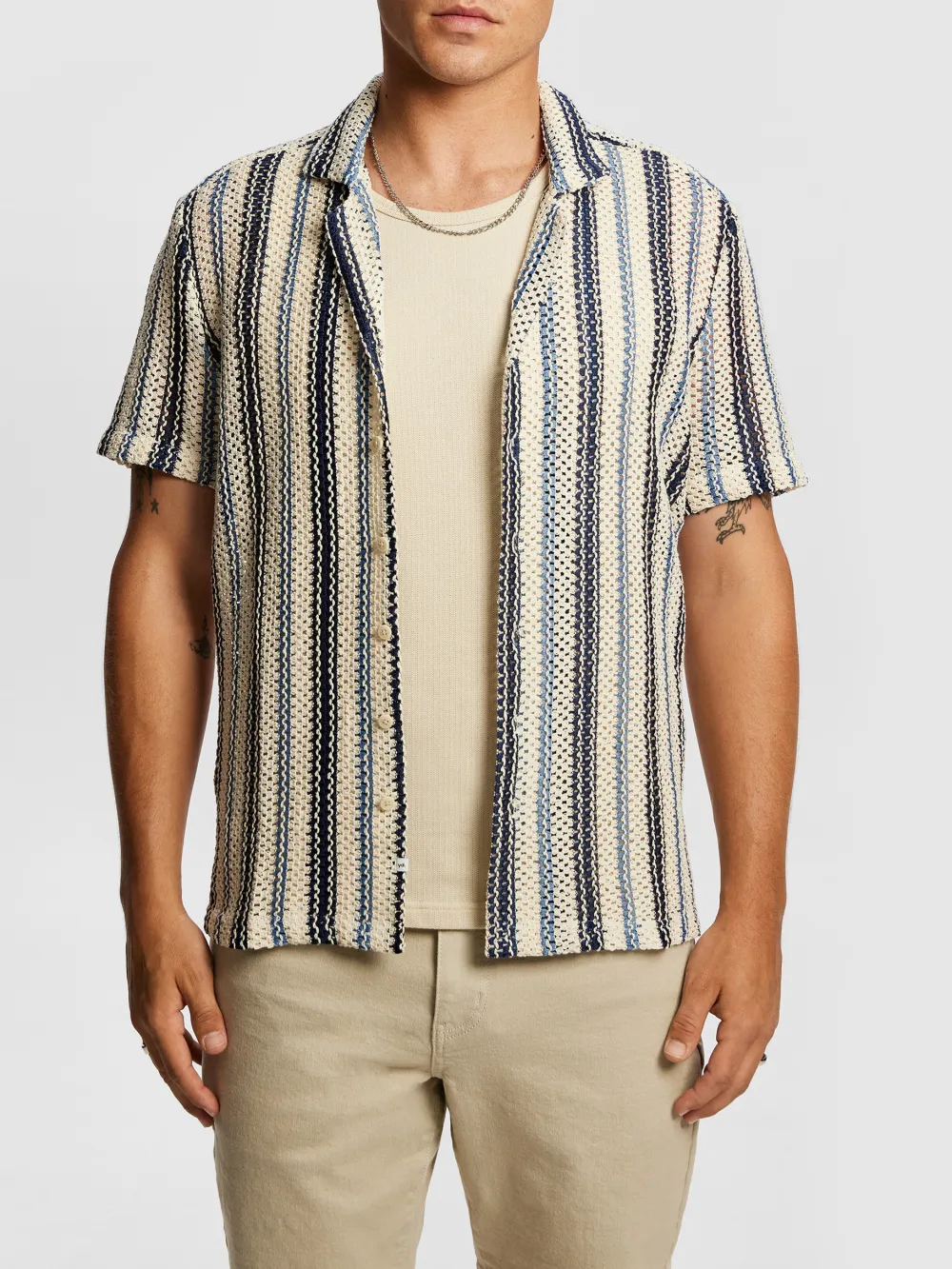 Blue And White Striped Short Sleeve Shirt