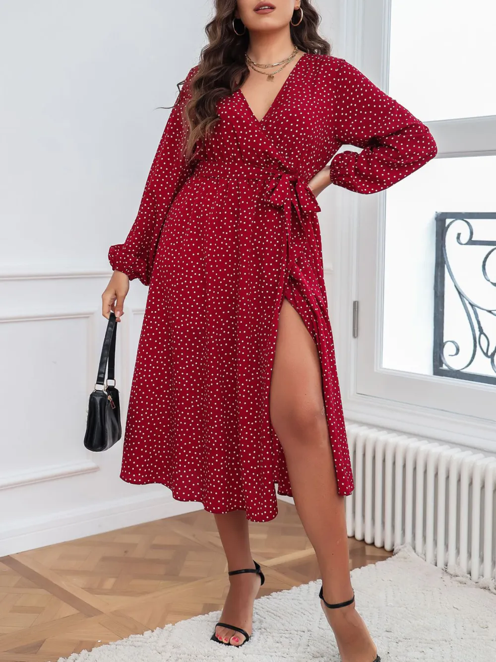 Literary Temperament Red Plus Size Dress Polka Dot Long Sleeves Women Clothing