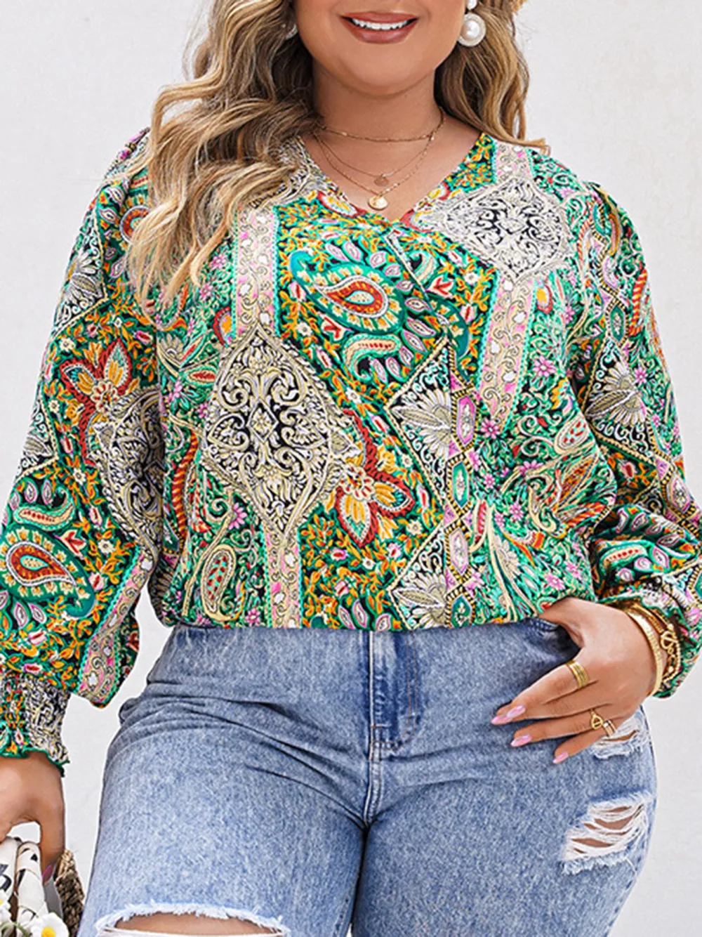 V Neck Long Sleeved Top With Bohemian Print