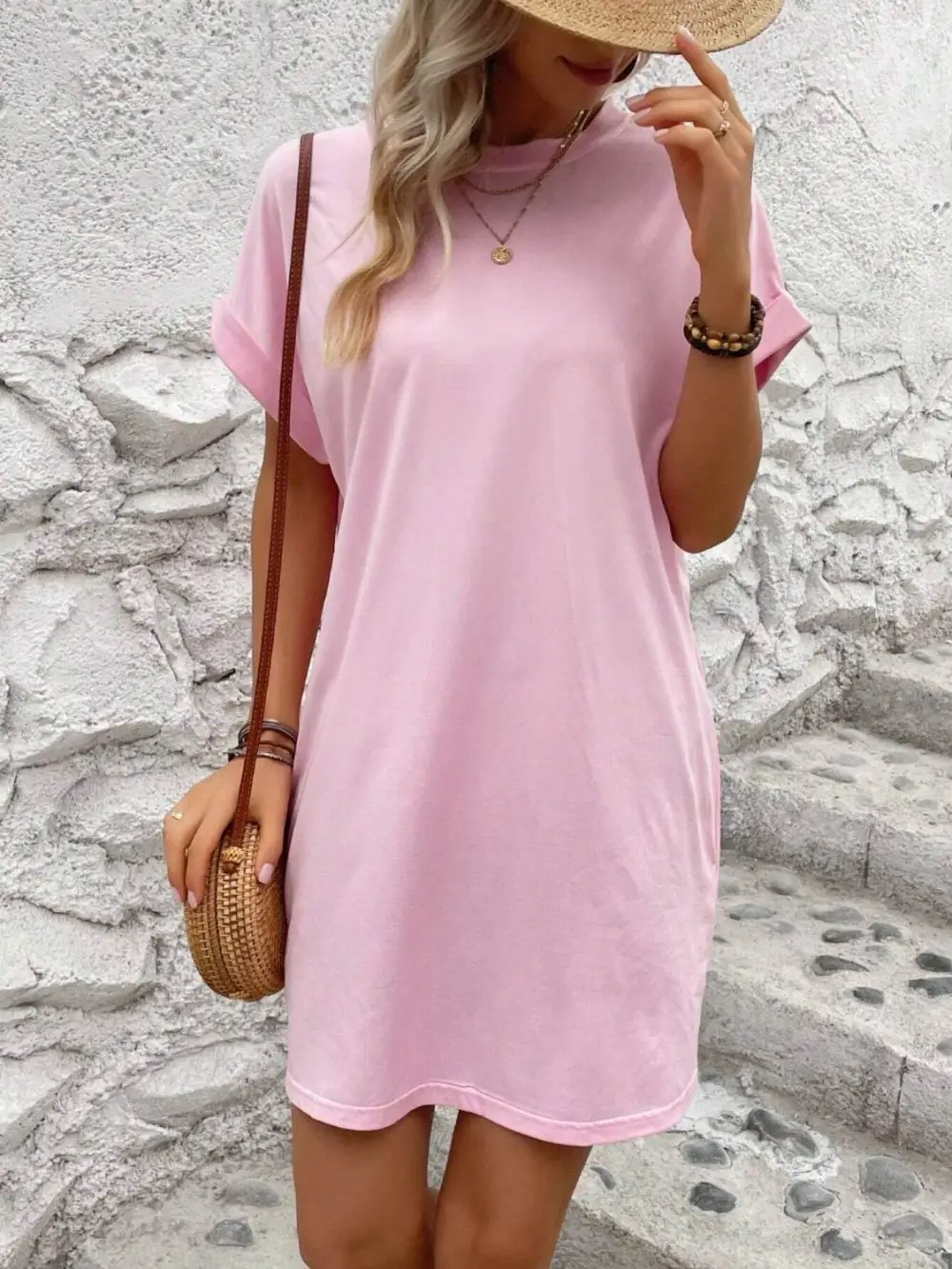 Relaxed Round Neck Short Sleeve Mini Dress