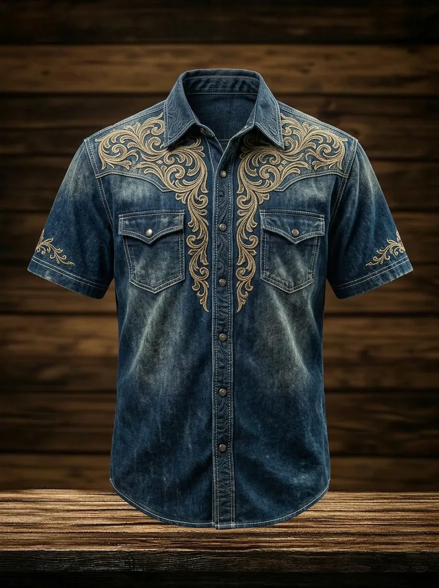 Men's Western Cowboy Floral Embroidery Printed Denim Shirt