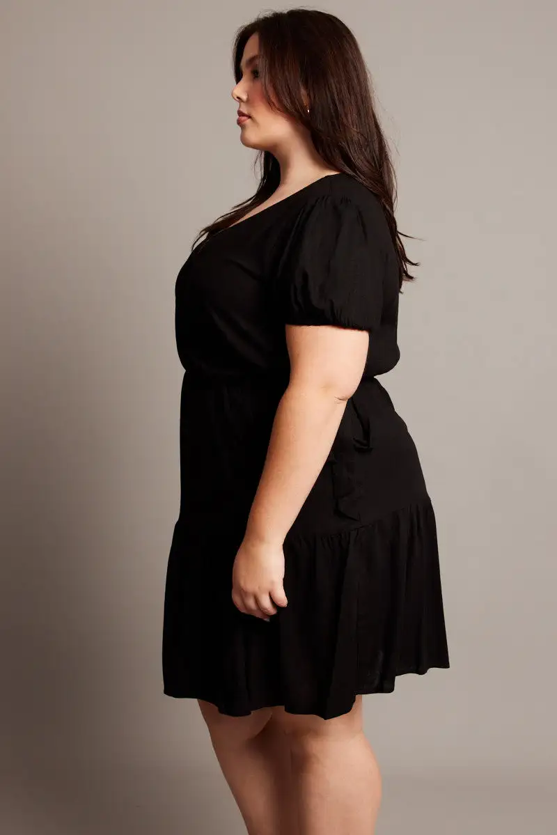 Black Crossover Cotton Blend Tiered Wrap Minidress