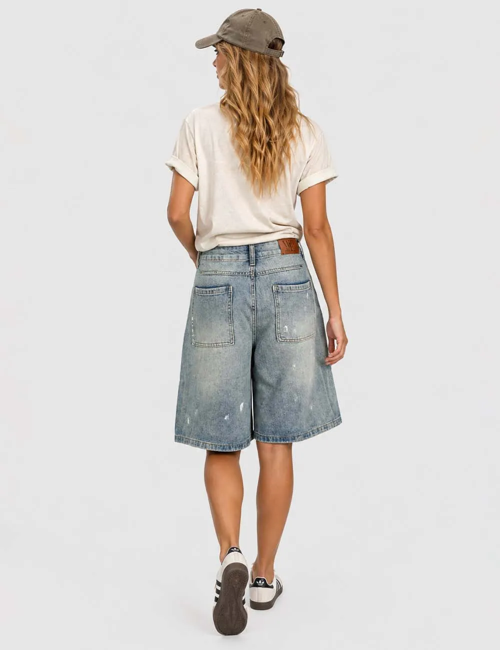 Distressed Wide Leg Denim Bermuda Shorts