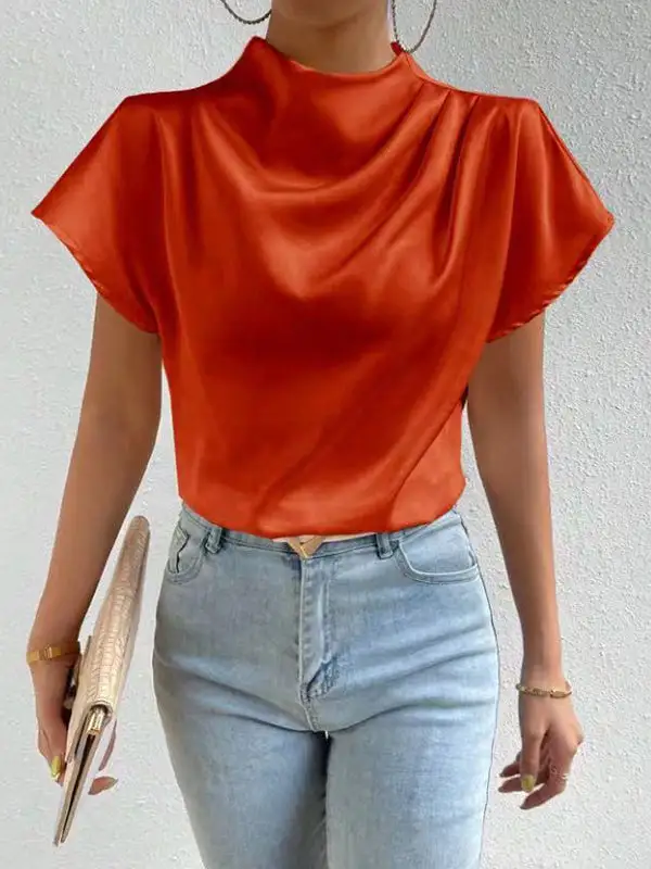 Relaxed Short Sleeve Pleat Detail Mock Neck T-Shirt