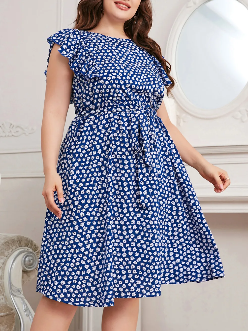 Plus Size Women Printed Sleeveless Swing Dress