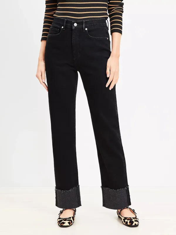 Flip Cuff High Rise Straight Jeans In Washed Black