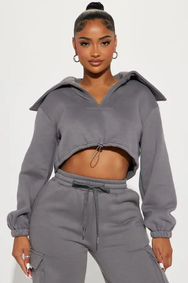Missing Out Fleece Pant Set - Charcoal
