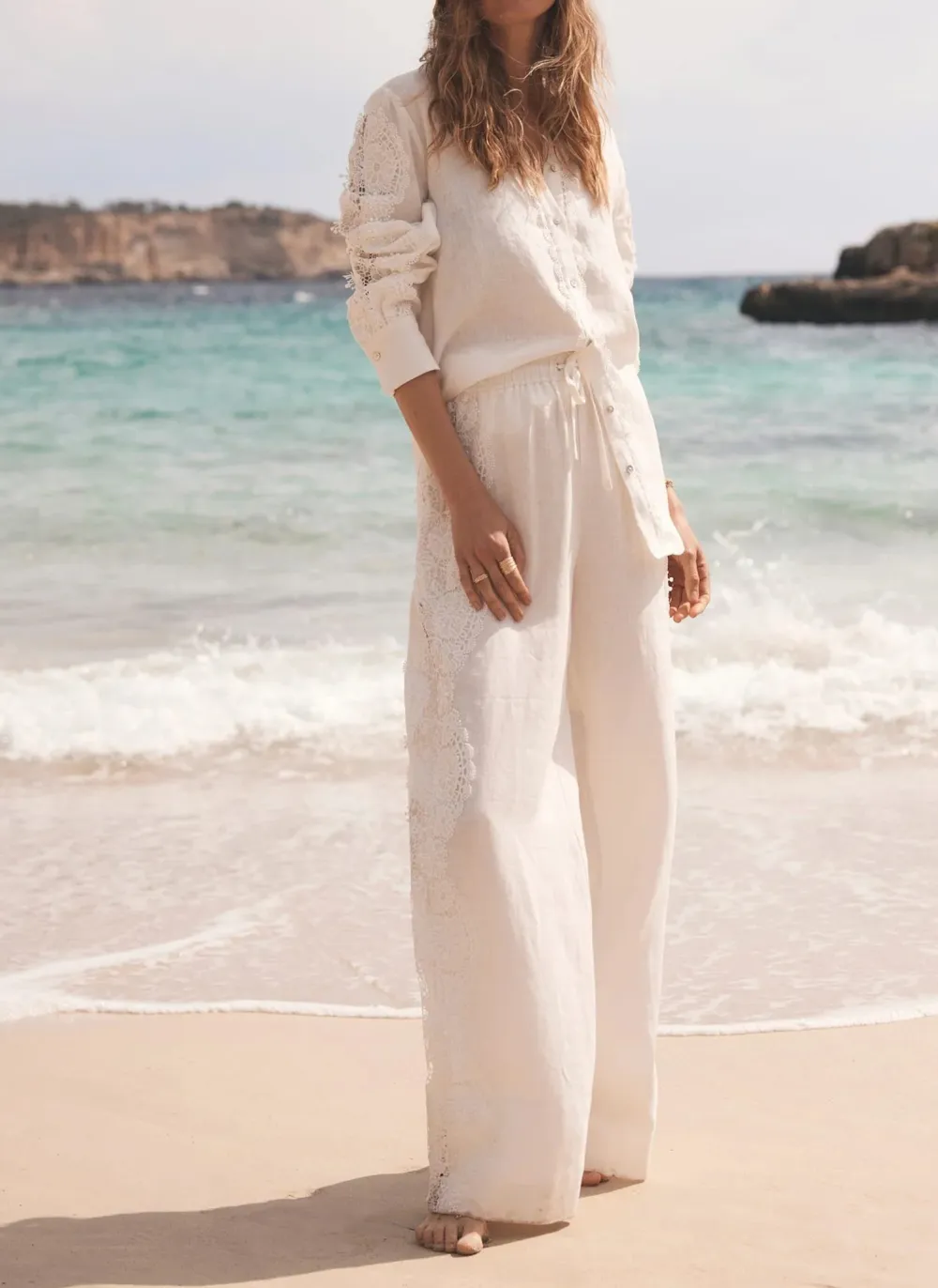 Casual Style White Linen Lace Trim Shirt