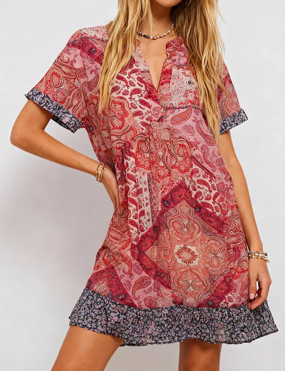 Abstract Print V Neck Mini Dress