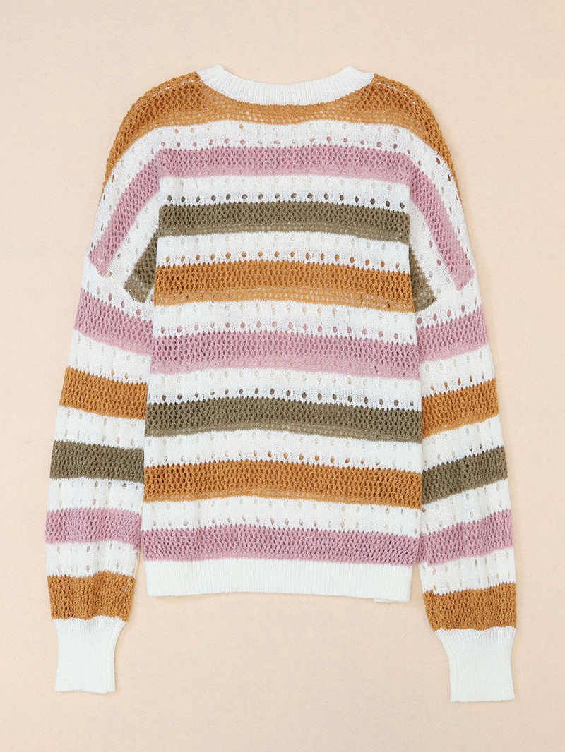 Multicolor Striped Hollowed Knitted Loose Sweater