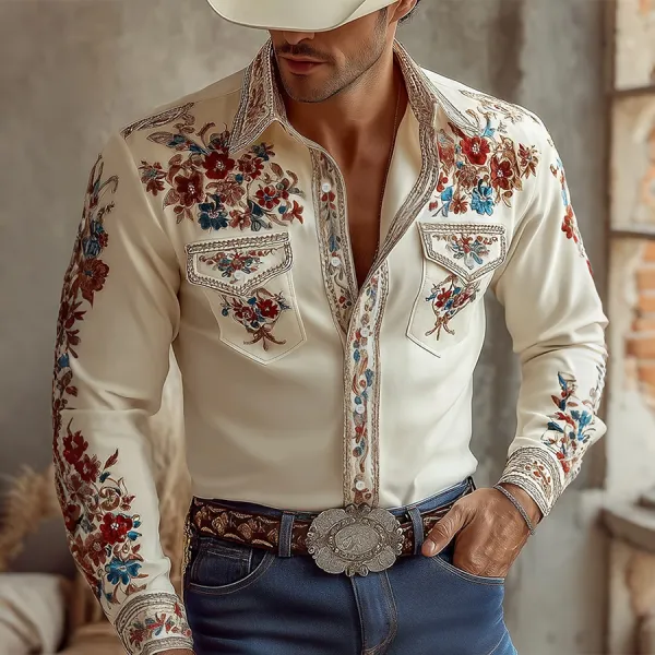 Men's Western Colorful Floral Embroidered Long Sleeve Shirt