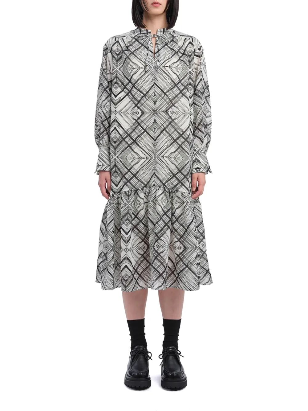 Geometric Pattern Long - Sleeve Midi Dress